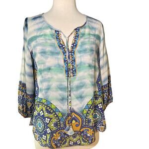 Hale Bob Women’s Multicolor Tassel Tie Tunic 3/4 Sleeve Georgette Top Size S